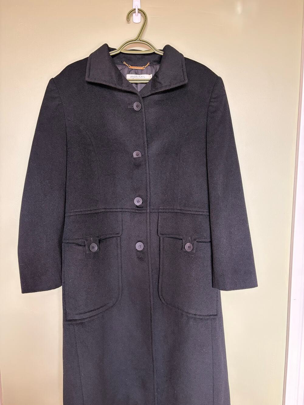 Angelica L Black Wool Blend Long Coat Size 12 Minimalist Tailored Maxi Coat Dark